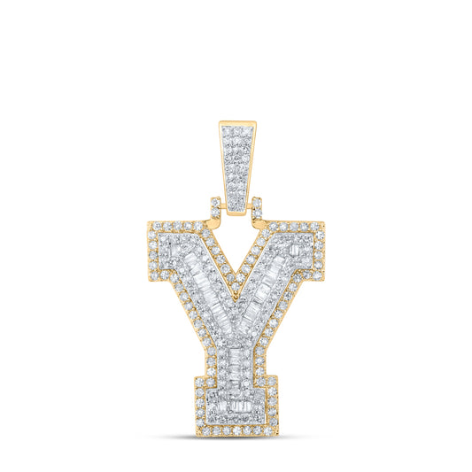 0.86 Ctw Natural Diamond Block Initial Letter Alphabet Y Pendant in 10k Yellow Gold