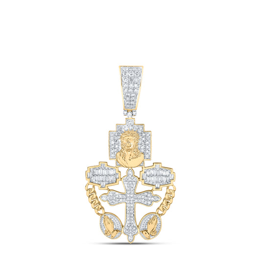 0.8 Ctw Natural Diamond Crucifix Jesus Cross Praying Hand Pendant in 10k Yellow Gold