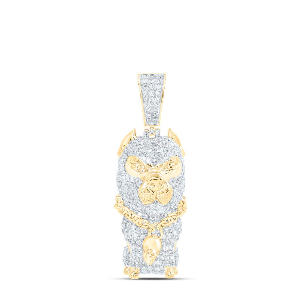 3.11 Ctw Natural Diamond Bulldog Dog Animal Skull Pendant in 10k Yellow Gold