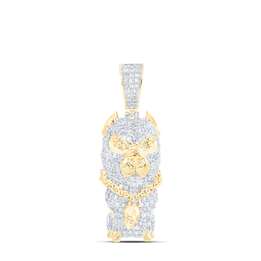3.11 Ctw Natural Diamond Bulldog Dog Animal Skull Pendant in 10k Yellow Gold