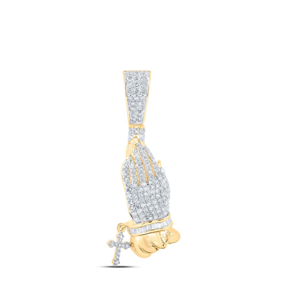 0.92 Ctw Natural Diamond Praying Hand Hanging Cross Pendant in 10k Yellow Gold