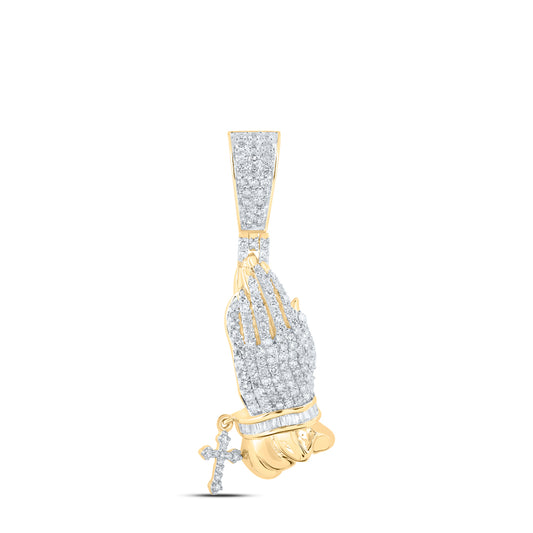 0.92 Ctw Natural Diamond Praying Hand Hanging Cross Pendant in 10k Yellow Gold