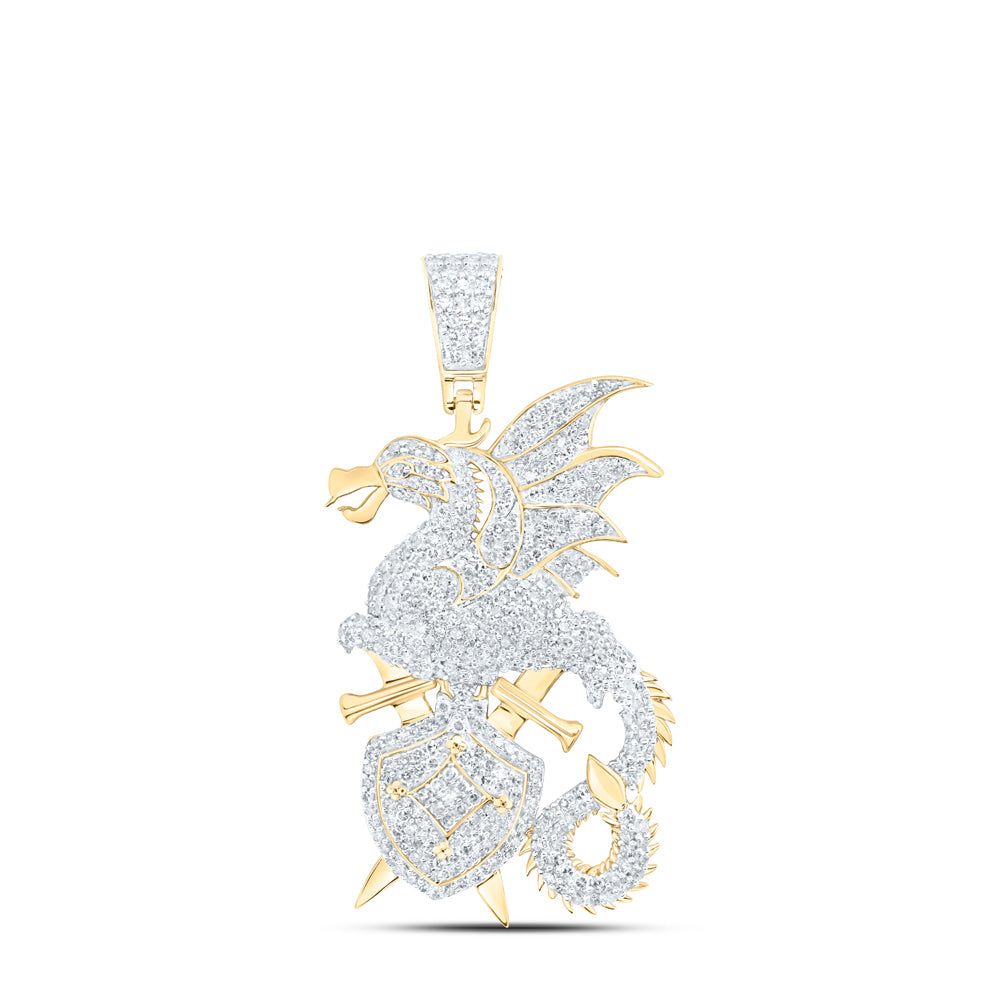 1.67 Ctw Natural Diamond Dragon Sword Shield  Pendant in 10k Yellow Gold