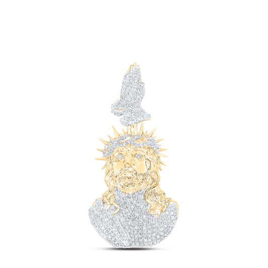 1.99 Ctw Natural Diamond Jesus Head Praying Hands Pendant in 10k Yellow Gold
