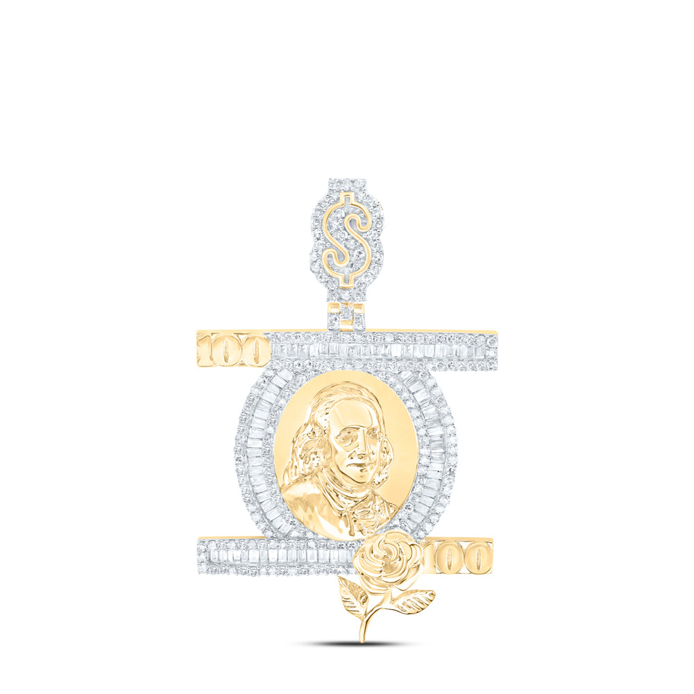 1.43 Ctw Natural Diamond Benjamin Franklin Figure Flower 100 Pendant in 10k Yellow Gold