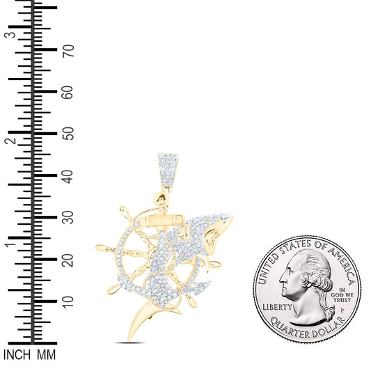 2.09 Ctw Natural Diamond Shark Nautical Sailing Ship Wheel Pendant in 10k Yellow Gold