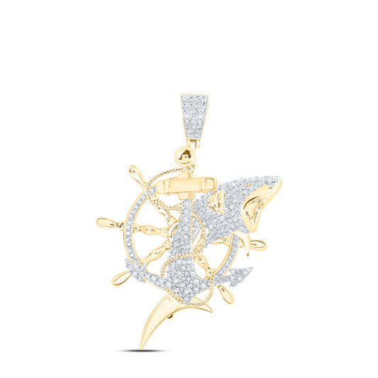 2.09 Ctw Natural Diamond Shark Nautical Sailing Ship Wheel Pendant in 10k Yellow Gold