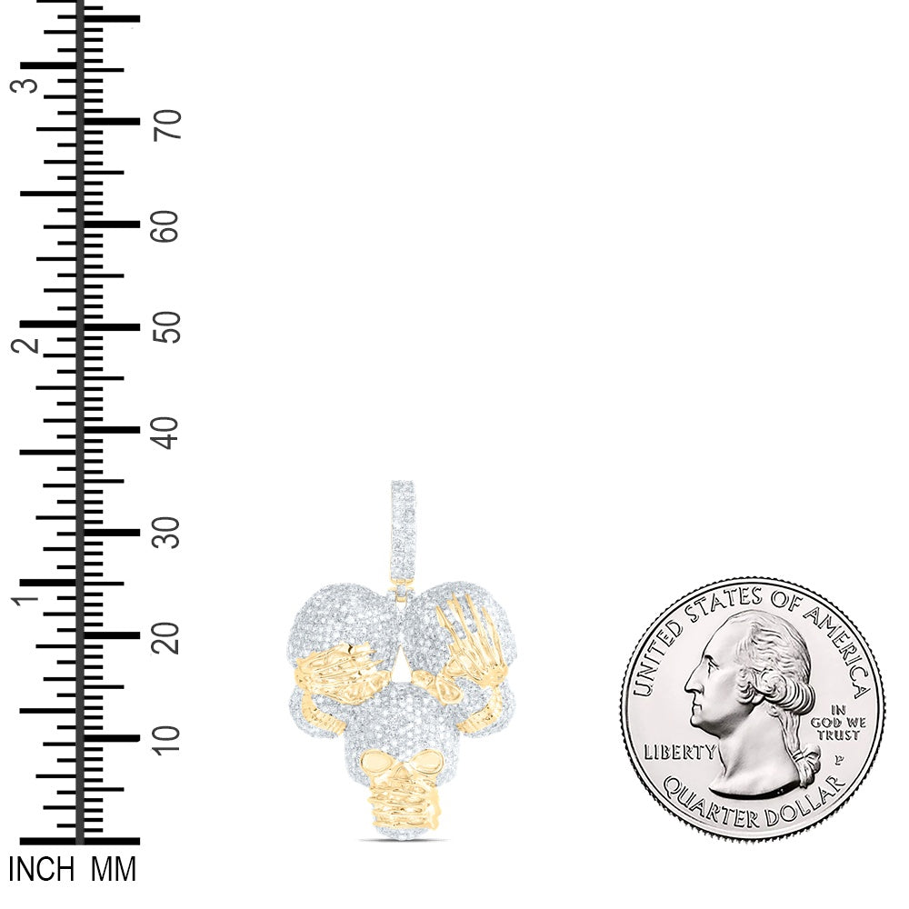 2.71 Ctw Natural Diamond See No Evil, Hear No Evil, Speak No Evil Skull Pendant in 10k Yellow Gold
