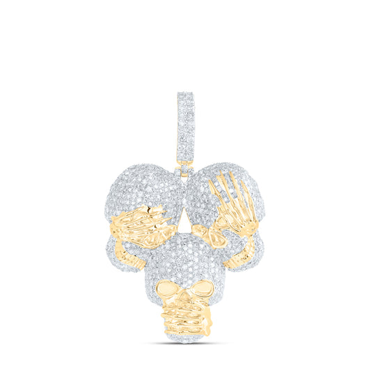 2.71 Ctw Natural Diamond See No Evil, Hear No Evil, Speak No Evil Skull Pendant in 10k Yellow Gold