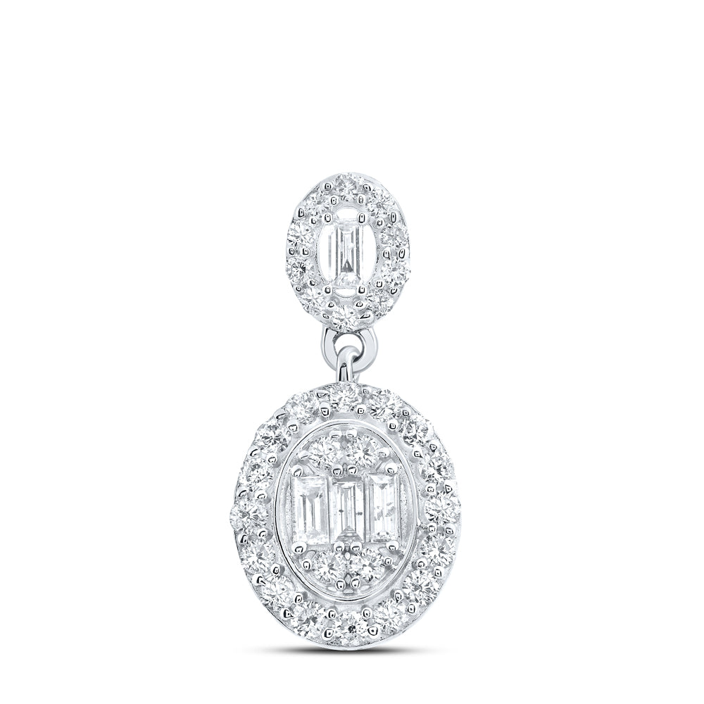 0.58 Ctw Natural Diamond Baguette Oval Pendant in 14k White Gold