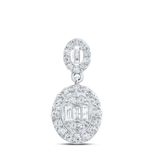 0.58 Ctw Natural Diamond Baguette Oval Pendant in 14k White Gold