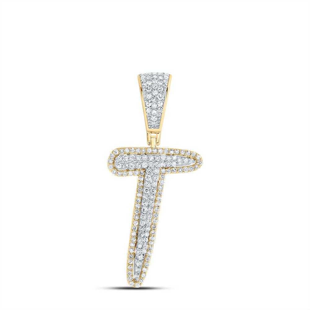 0.54 Ctw Natural Diamond Initial Letter Alphabet T Pendant in 10k Two-tone Gold