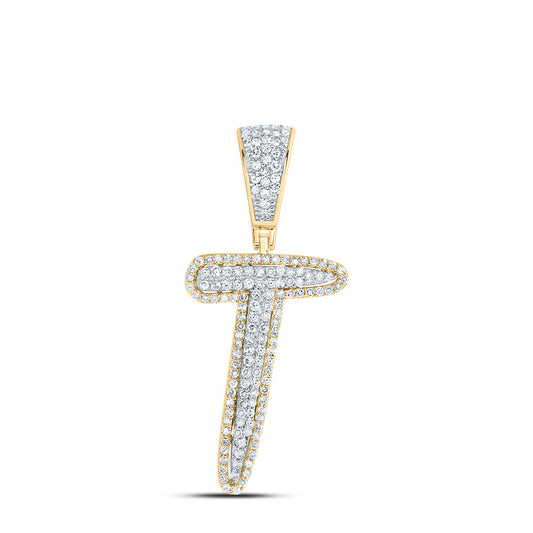 0.54 Ctw Natural Diamond Initial Letter Alphabet T Pendant in 10k Two-tone Gold