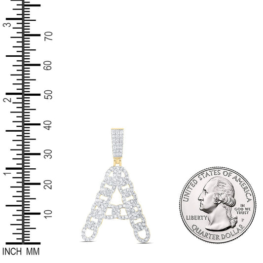 1.09 Ctw Natural Diamond Curb Link Initial Letter Alphabet A Pendant in 10k Yellow Gold