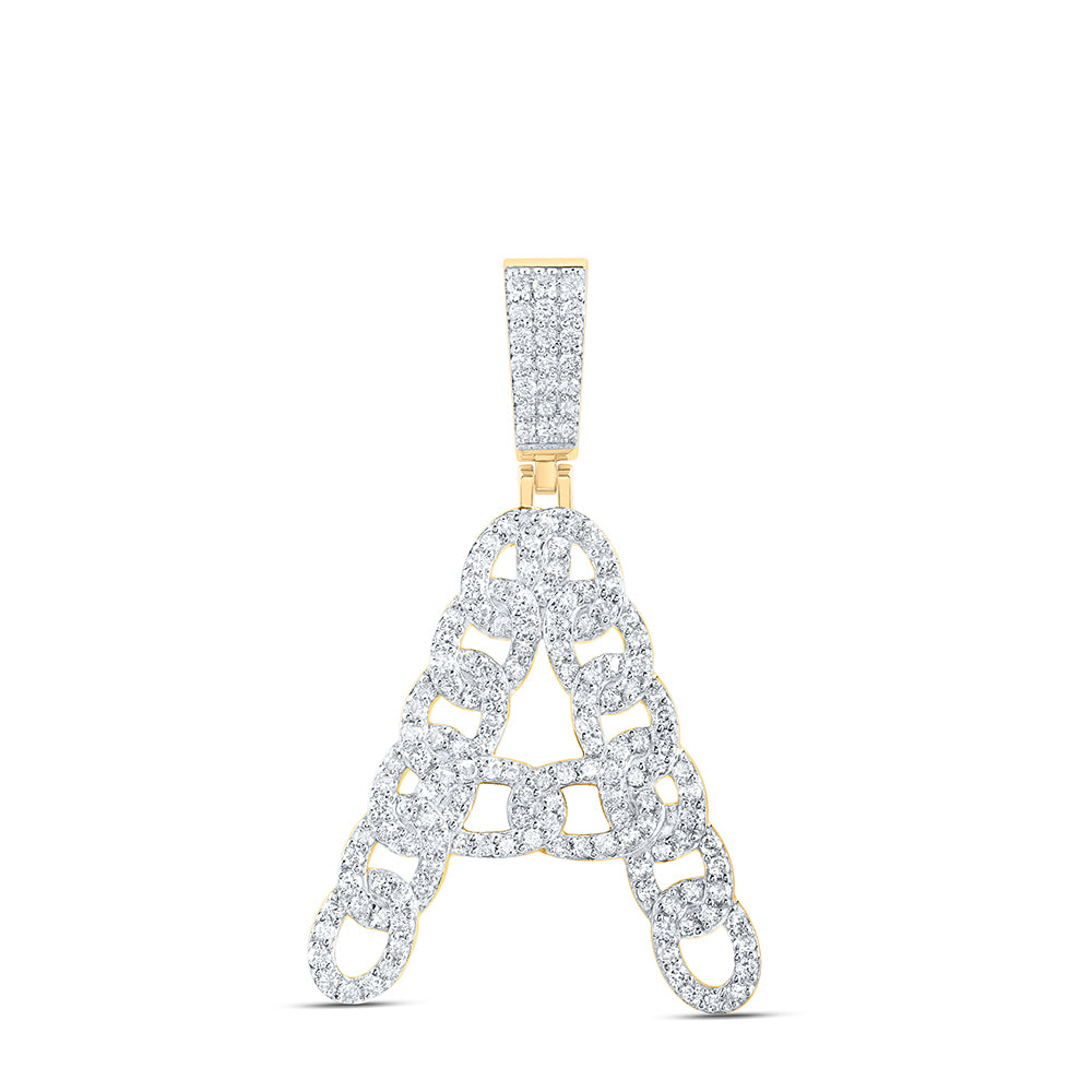 1.09 Ctw Natural Diamond Curb Link Initial Letter Alphabet A Pendant in 10k Yellow Gold