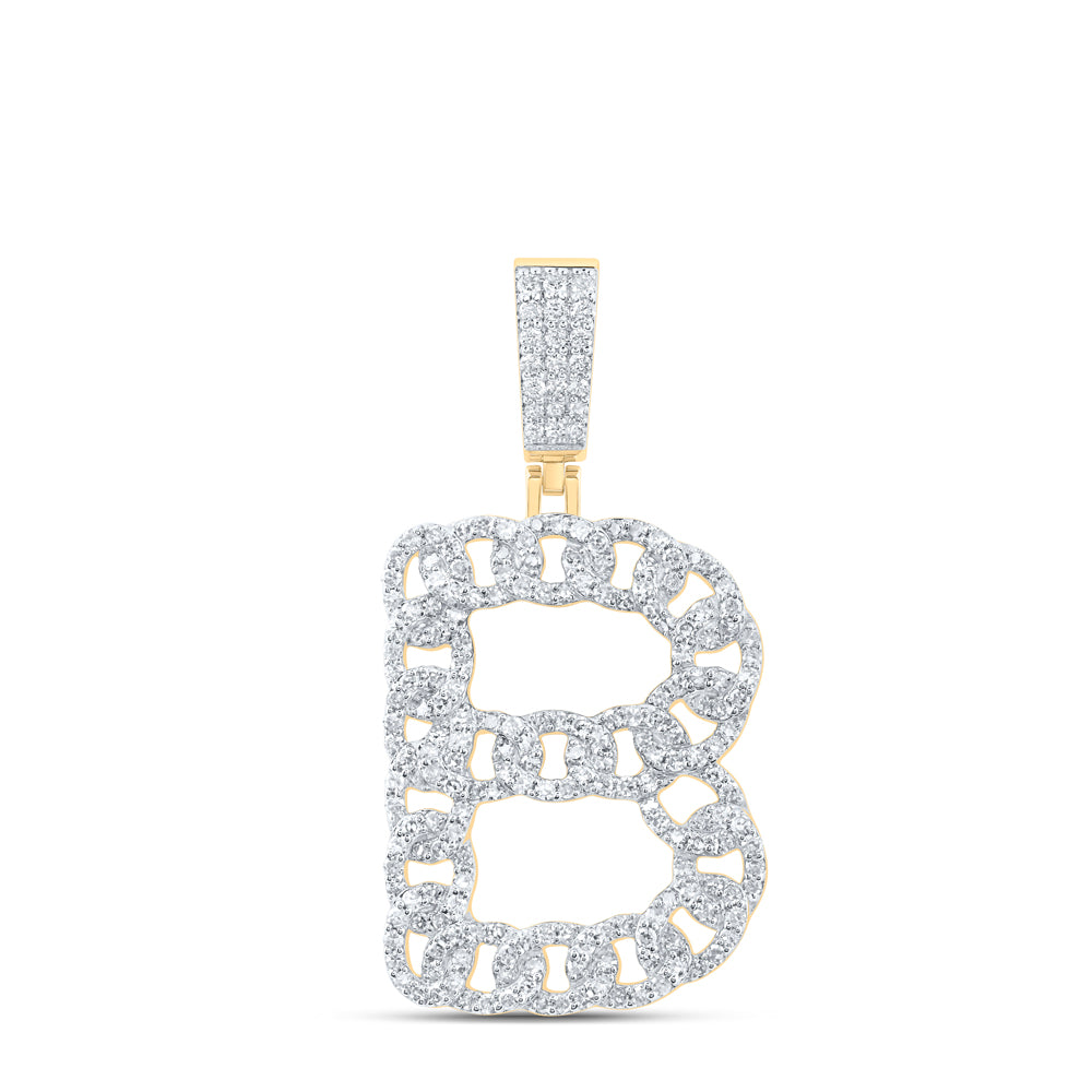 1.17 Ctw Natural Diamond Curb Link Initial Letter Alphabet B Pendant in 10k Yellow Gold