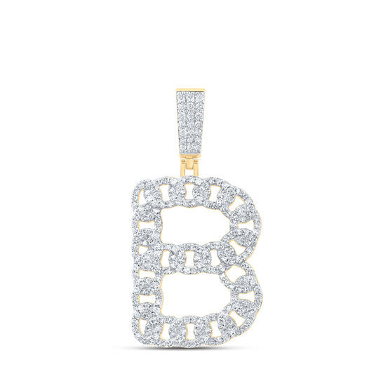 1.17 Ctw Natural Diamond Curb Link Initial Letter Alphabet B Pendant in 10k Yellow Gold