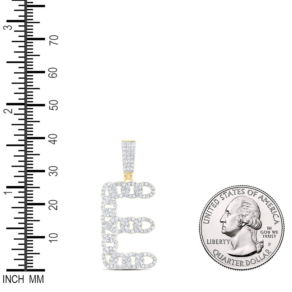 1.04 Ctw Natural Diamond Curb Link Intial Letter Alphabet E Pendant in 10k Yellow Gold