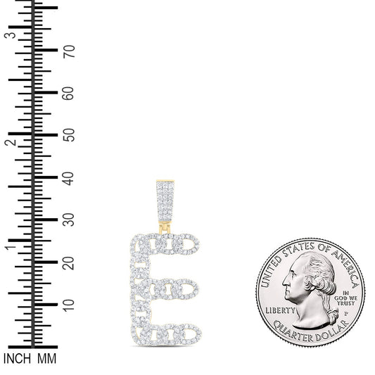 1.04 Ctw Natural Diamond Curb Link Intial Letter Alphabet E Pendant in 10k Yellow Gold