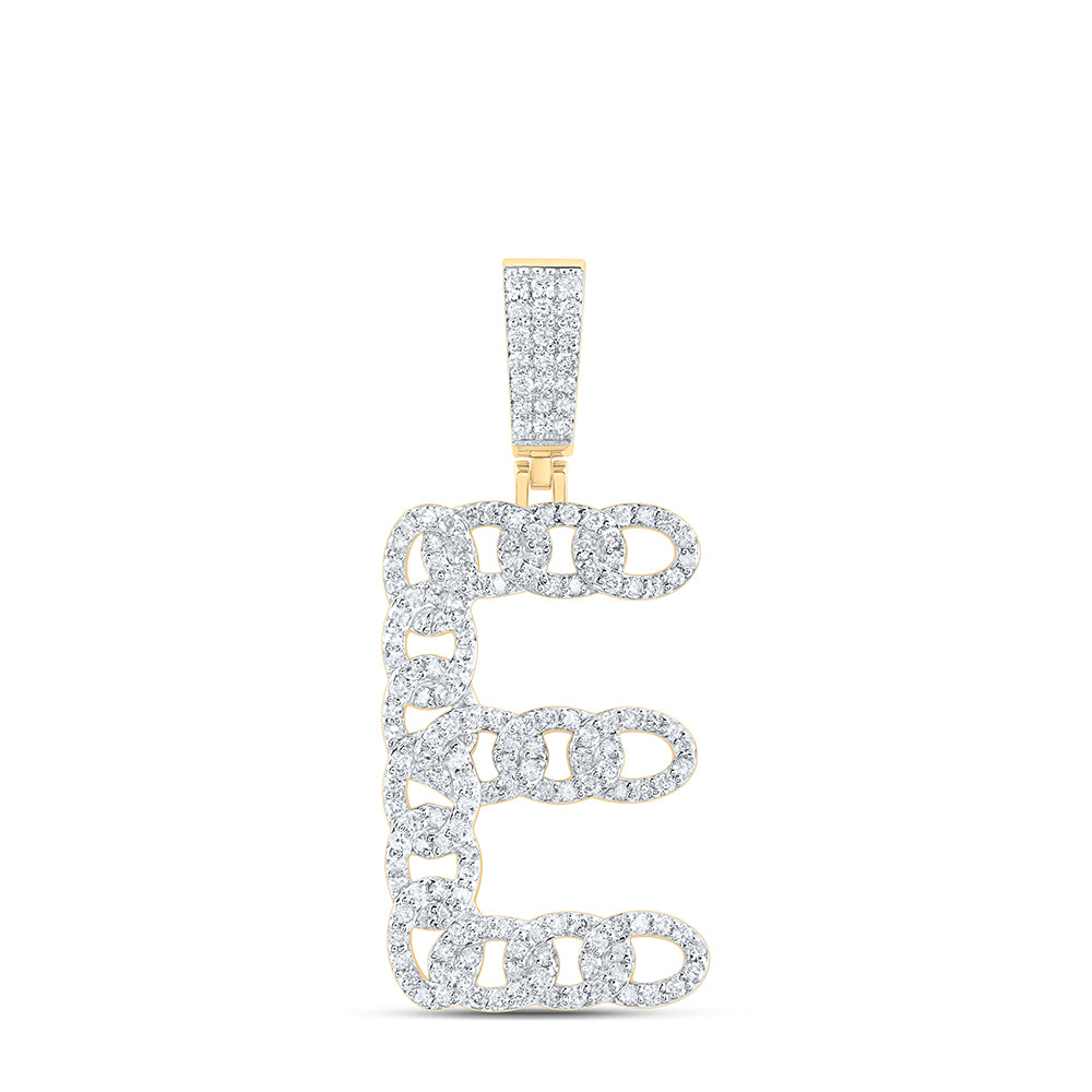 1.04 Ctw Natural Diamond Curb Link Intial Letter Alphabet E Pendant in 10k Yellow Gold