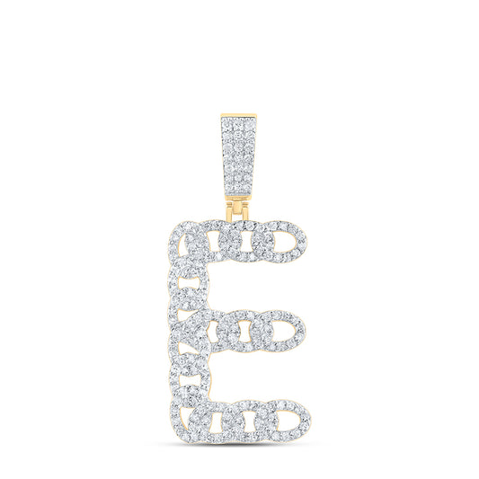 1.04 Ctw Natural Diamond Curb Link Intial Letter Alphabet E Pendant in 10k Yellow Gold