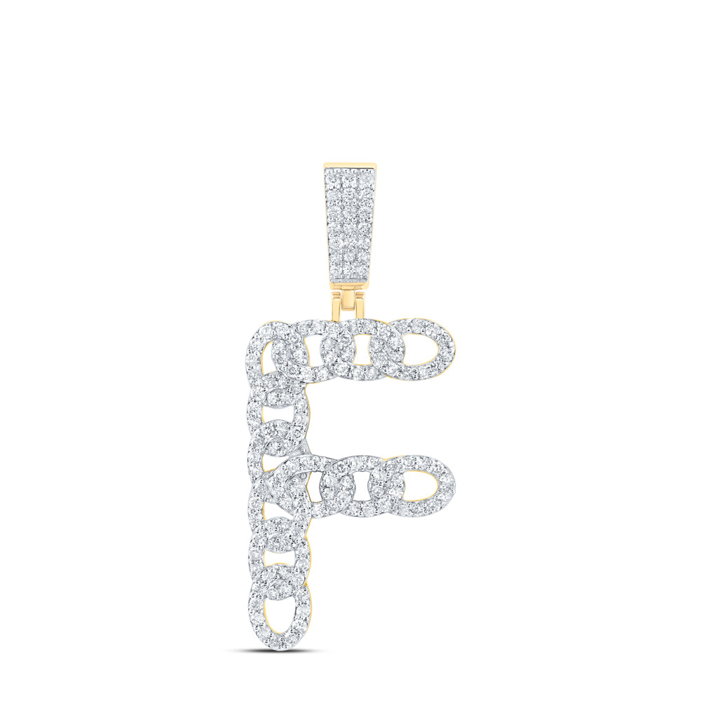 1.03 Ctw Natural Diamond Curb Link Initial Letter Alphabet F Pendant in 10k Yellow Gold