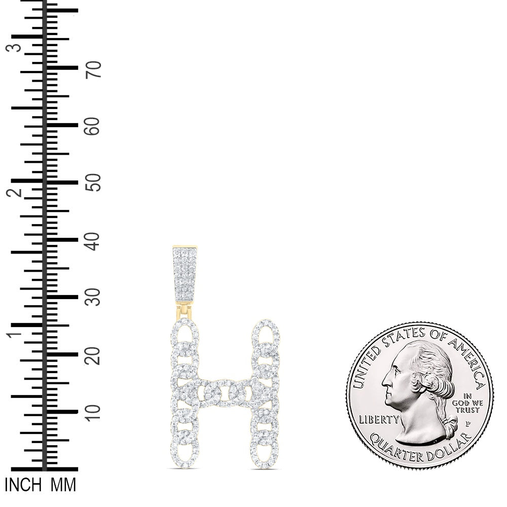 0.94 Ctw Natural Diamond Curb Link Initial Letter Alphabet H Pendant in 10k Yellow Gold