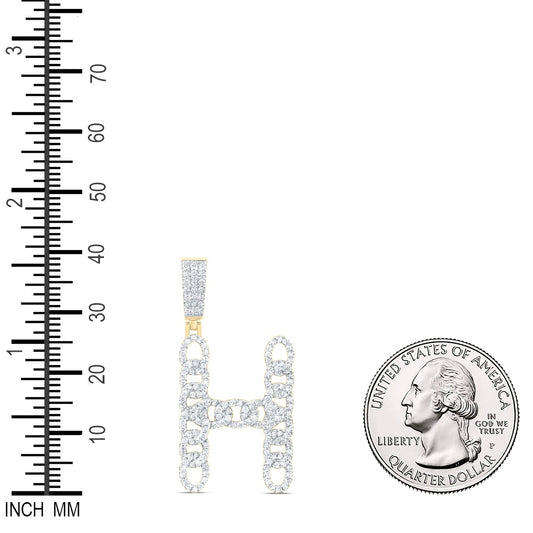 0.94 Ctw Natural Diamond Curb Link Initial Letter Alphabet H Pendant in 10k Yellow Gold