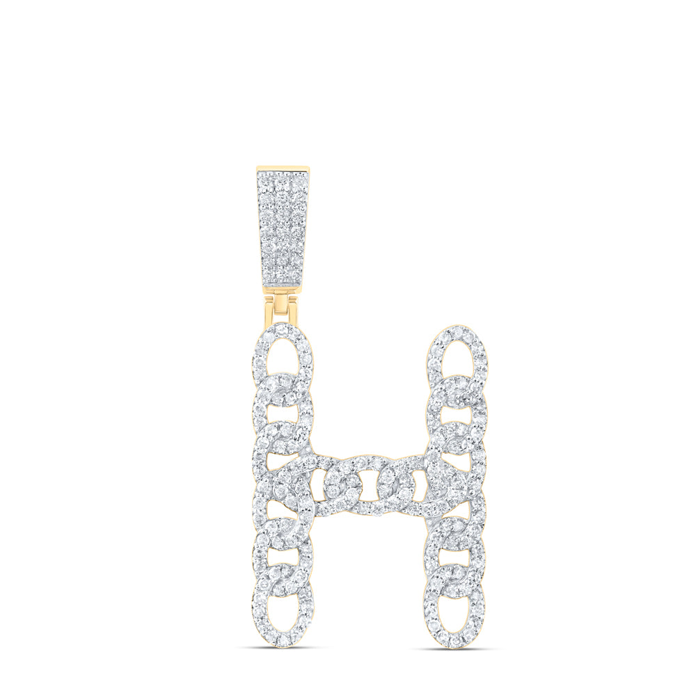 0.94 Ctw Natural Diamond Curb Link Initial Letter Alphabet H Pendant in 10k Yellow Gold