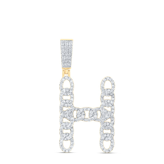 0.94 Ctw Natural Diamond Curb Link Initial Letter Alphabet H Pendant in 10k Yellow Gold