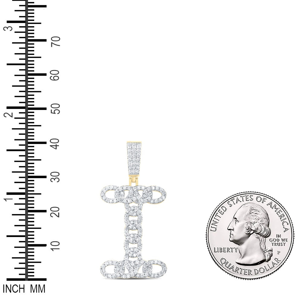 1.06 Ctw Natural Diamond Curb Link Initial Letter Alphabet I Pendant in 10k Yellow Gold
