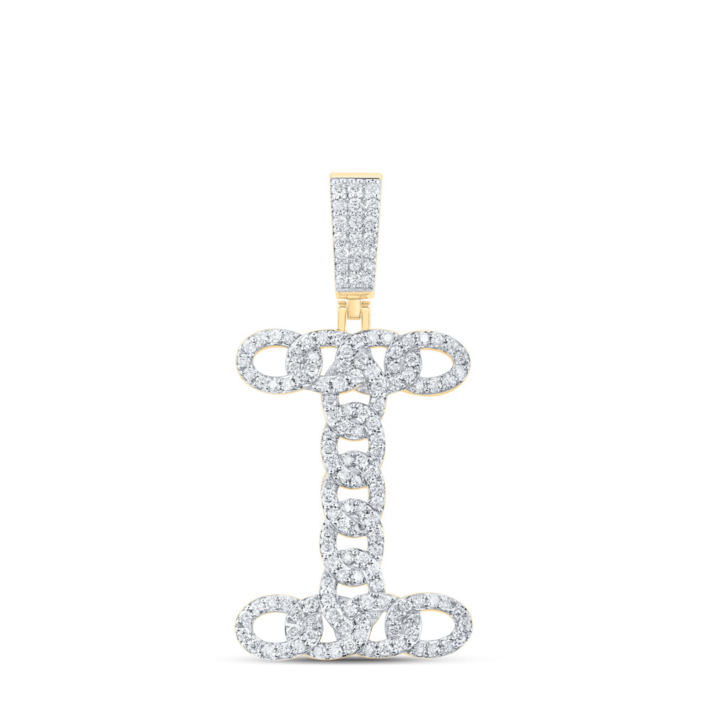 1.06 Ctw Natural Diamond Curb Link Initial Letter Alphabet I Pendant in 10k Yellow Gold