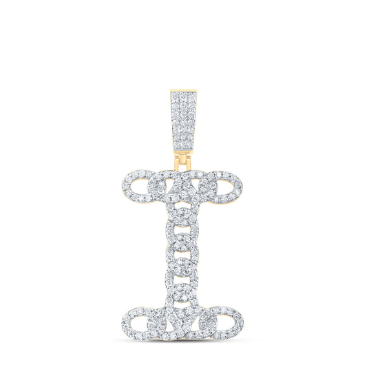 1.06 Ctw Natural Diamond Curb Link Initial Letter Alphabet I Pendant in 10k Yellow Gold