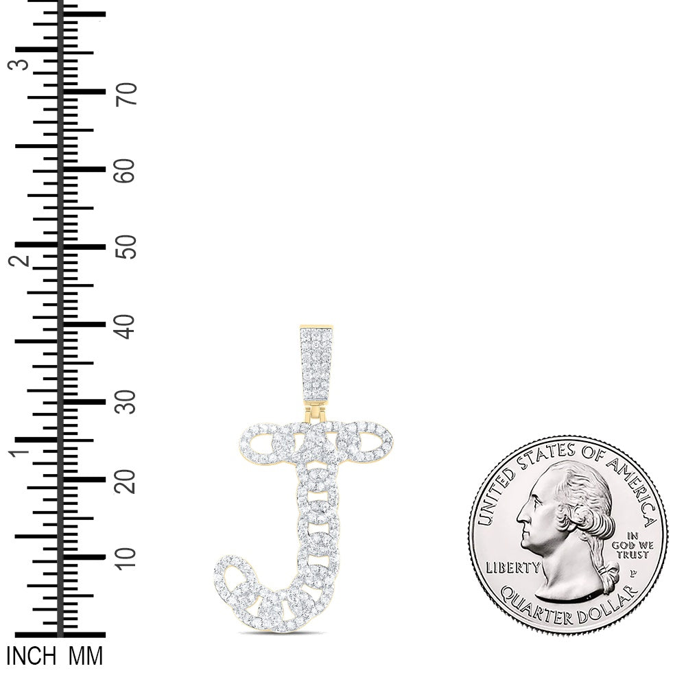 1.02 Ctw Natural Diamond Curb Link Initial Letter Alphabet J Pendant in 10k Yellow Gold