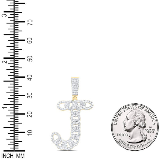 1.02 Ctw Natural Diamond Curb Link Initial Letter Alphabet J Pendant in 10k Yellow Gold
