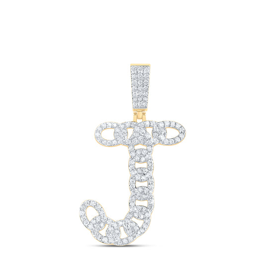 1.02 Ctw Natural Diamond Curb Link Initial Letter Alphabet J Pendant in 10k Yellow Gold