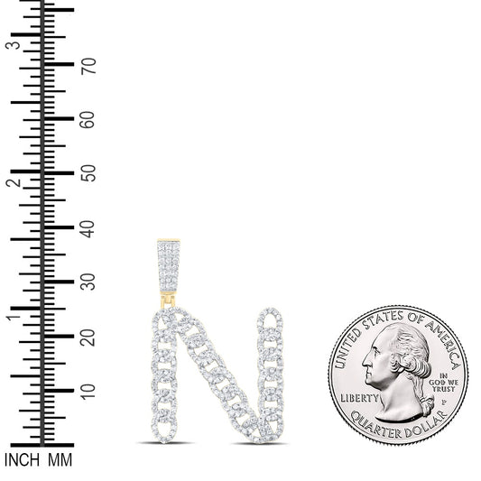 1.17 Ctw Natural Diamond Curb Link Initial Letter Alphabet N Pendant in 10k Yellow Gold