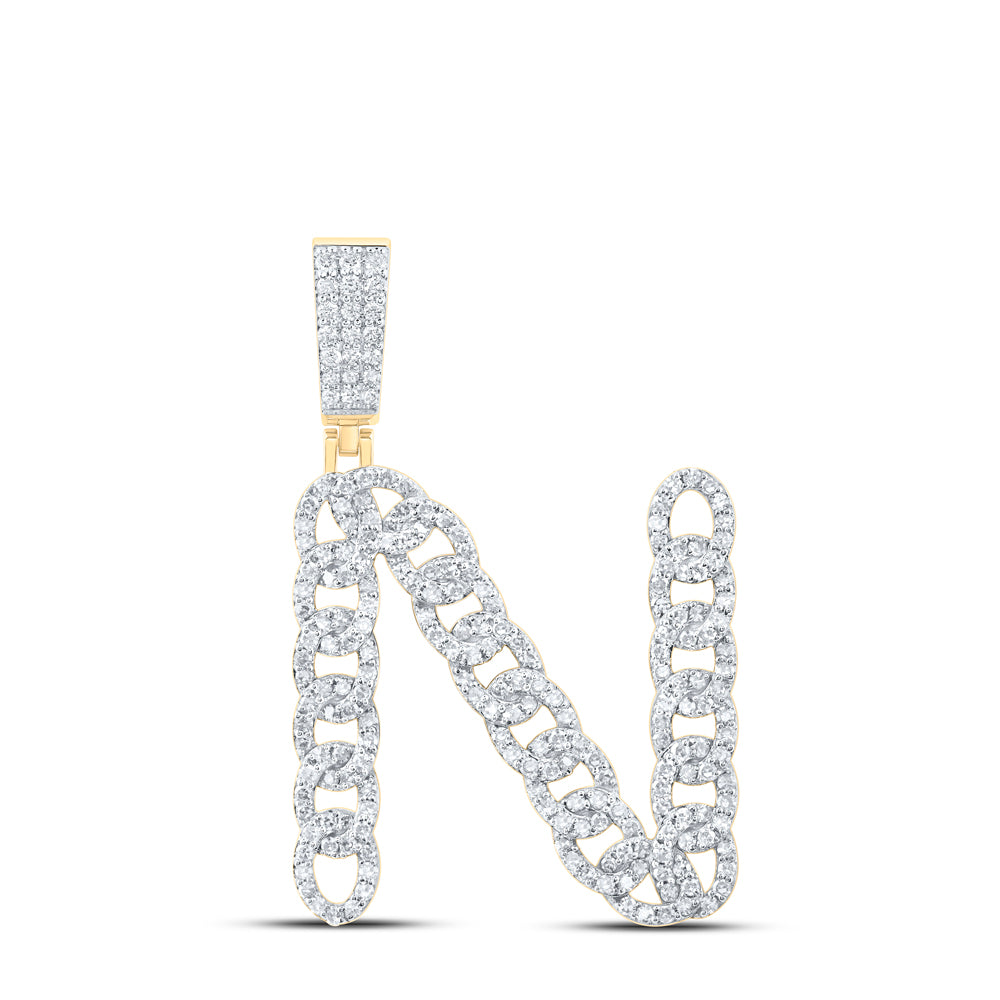 1.17 Ctw Natural Diamond Curb Link Initial Letter Alphabet N Pendant in 10k Yellow Gold