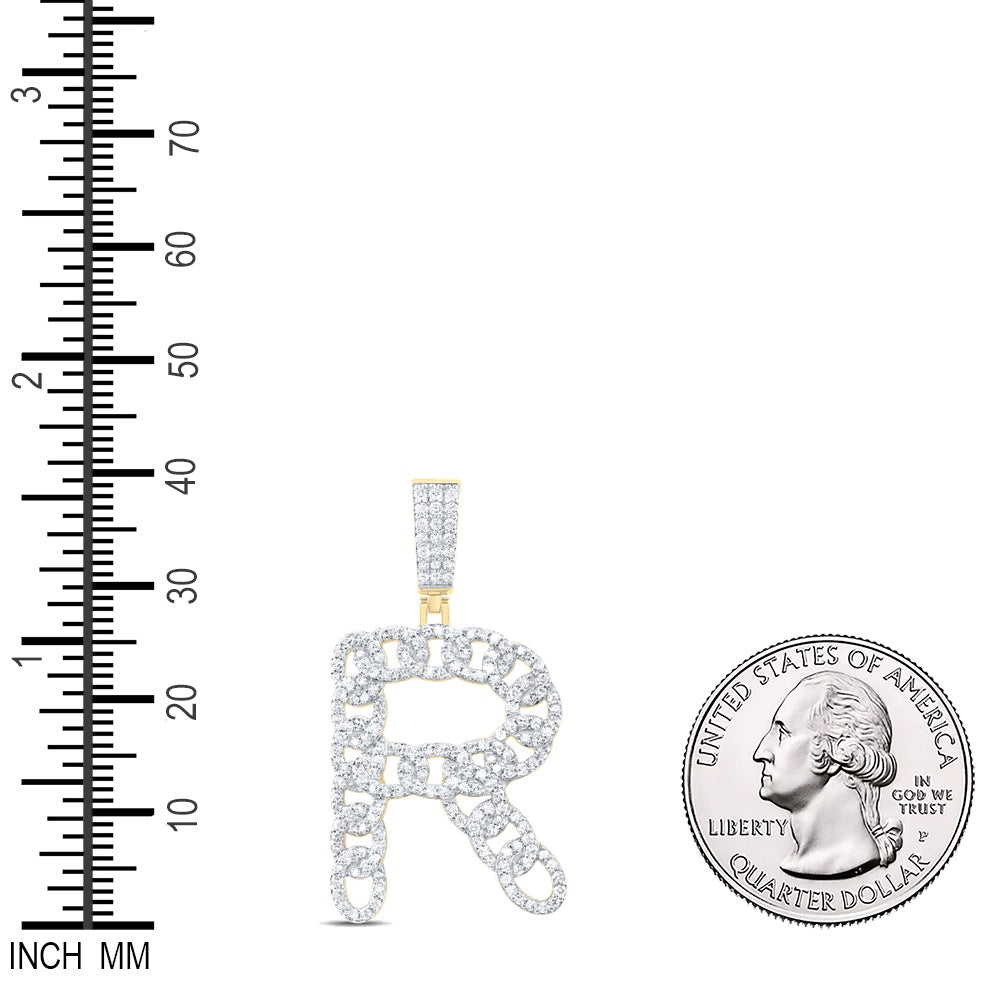 1.1 Ctw Natural Diamond Curb Link Intial Letter Alphabet R Pendant in 10k Yellow Gold