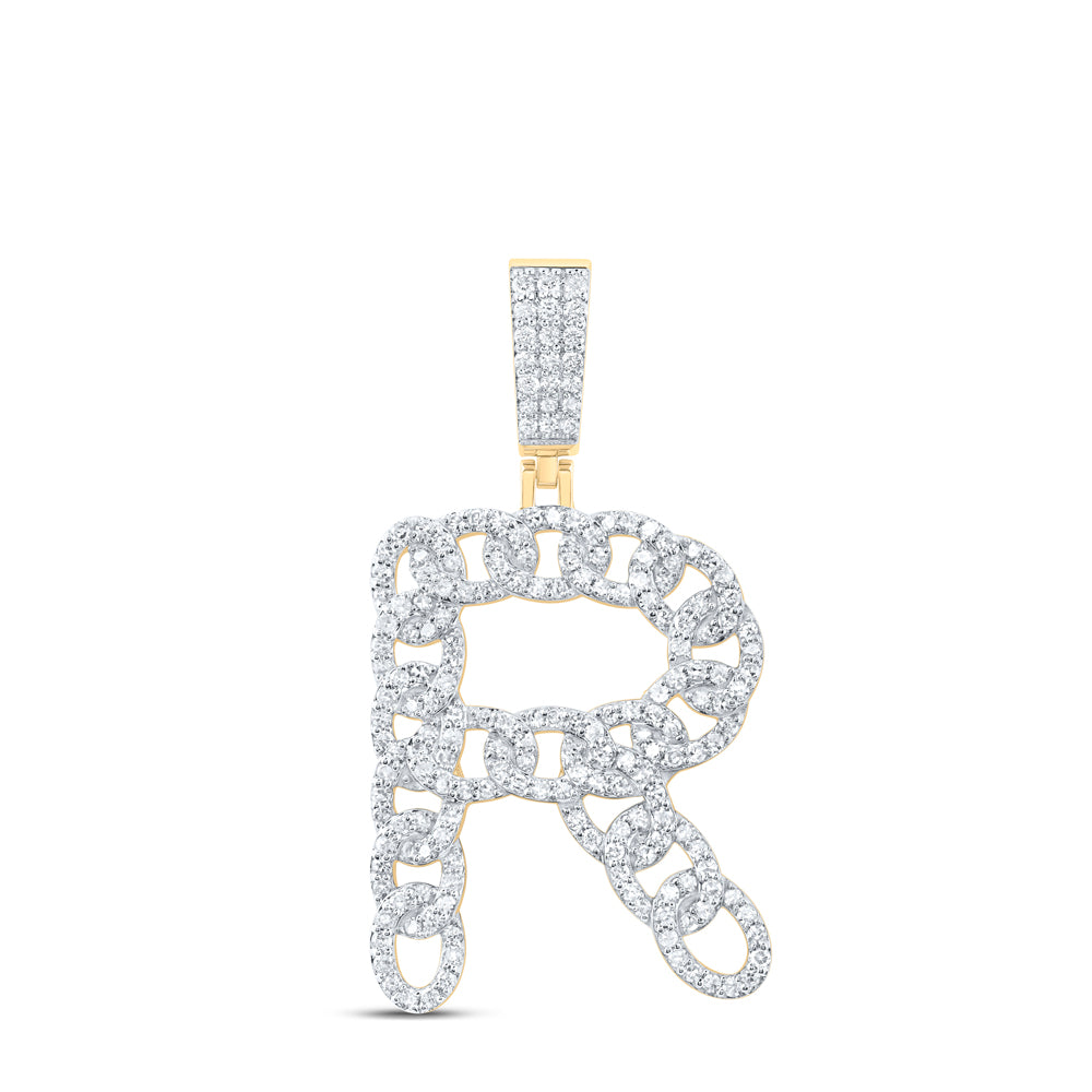 1.1 Ctw Natural Diamond Curb Link Intial Letter Alphabet R Pendant in 10k Yellow Gold