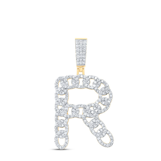 1.1 Ctw Natural Diamond Curb Link Intial Letter Alphabet R Pendant in 10k Yellow Gold