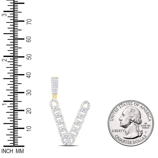 1.02 Ctw Natural Diamond Curb Link Initial Letter Alphabet V Pendant in 10k Yellow Gold