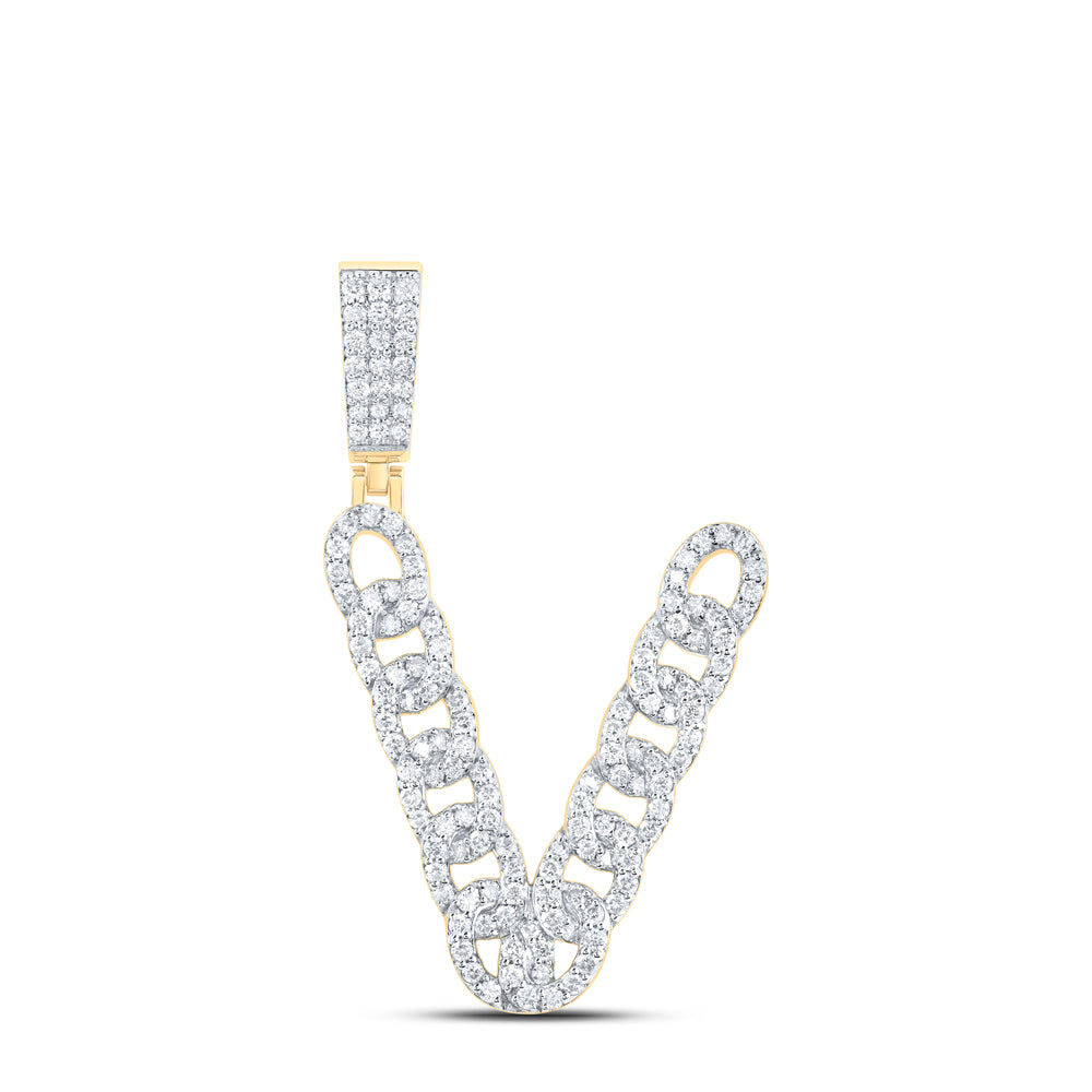 1.02 Ctw Natural Diamond Curb Link Initial Letter Alphabet V Pendant in 10k Yellow Gold