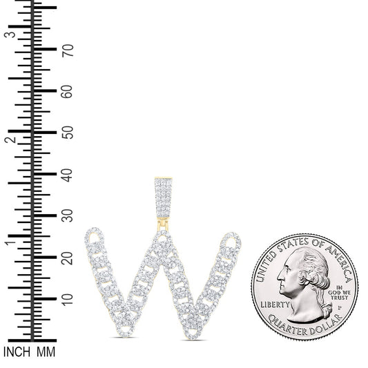 1.35 Ctw Natural Diamond Curb Link Intial Letter Alphabet W Pendant in 10k Yellow Gold