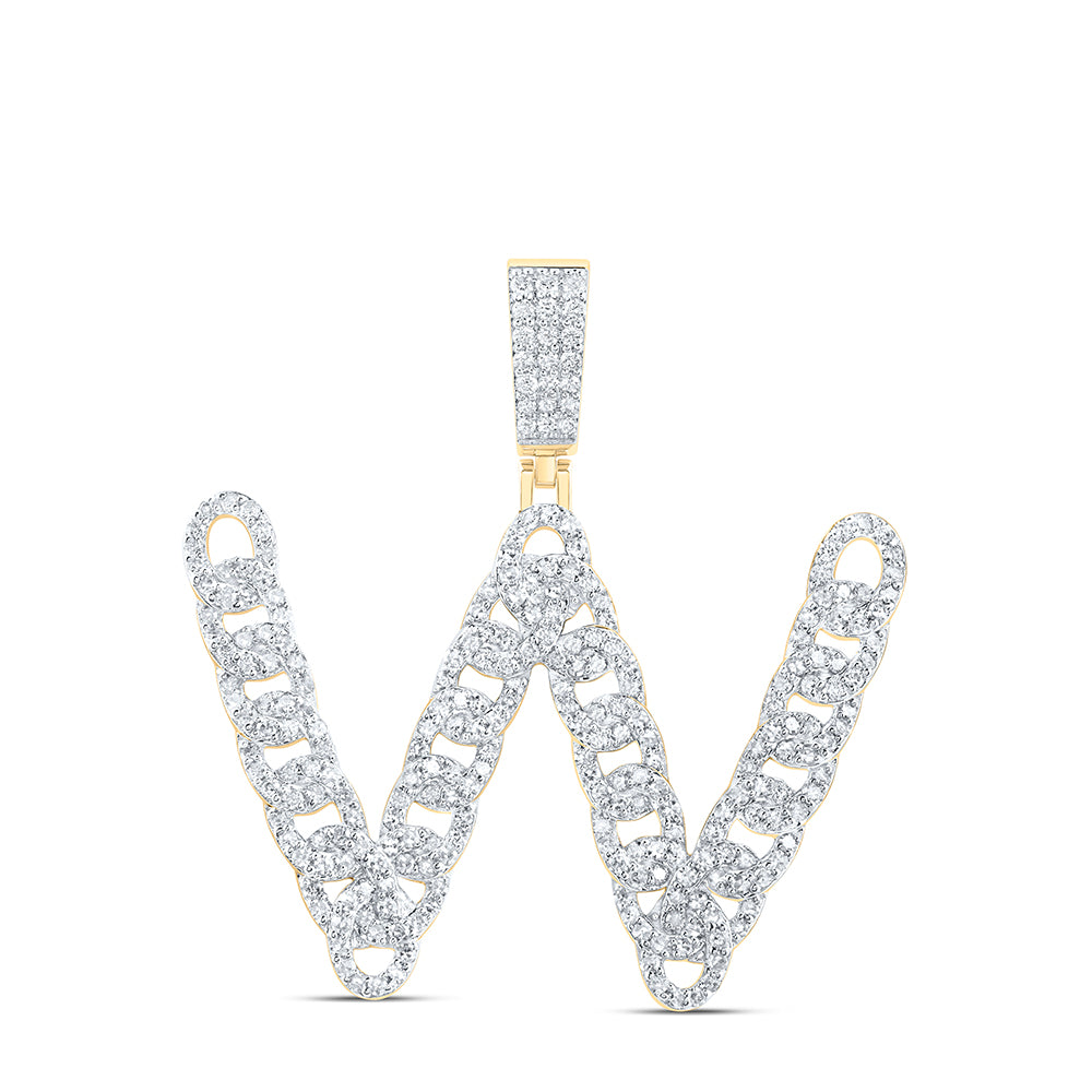 1.35 Ctw Natural Diamond Curb Link Intial Letter Alphabet W Pendant in 10k Yellow Gold