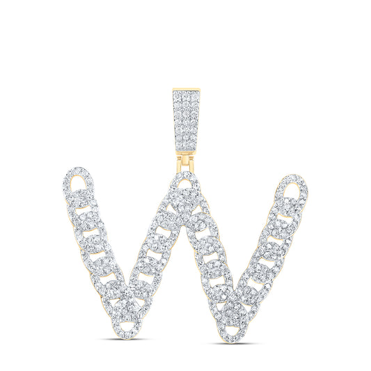 1.35 Ctw Natural Diamond Curb Link Intial Letter Alphabet W Pendant in 10k Yellow Gold