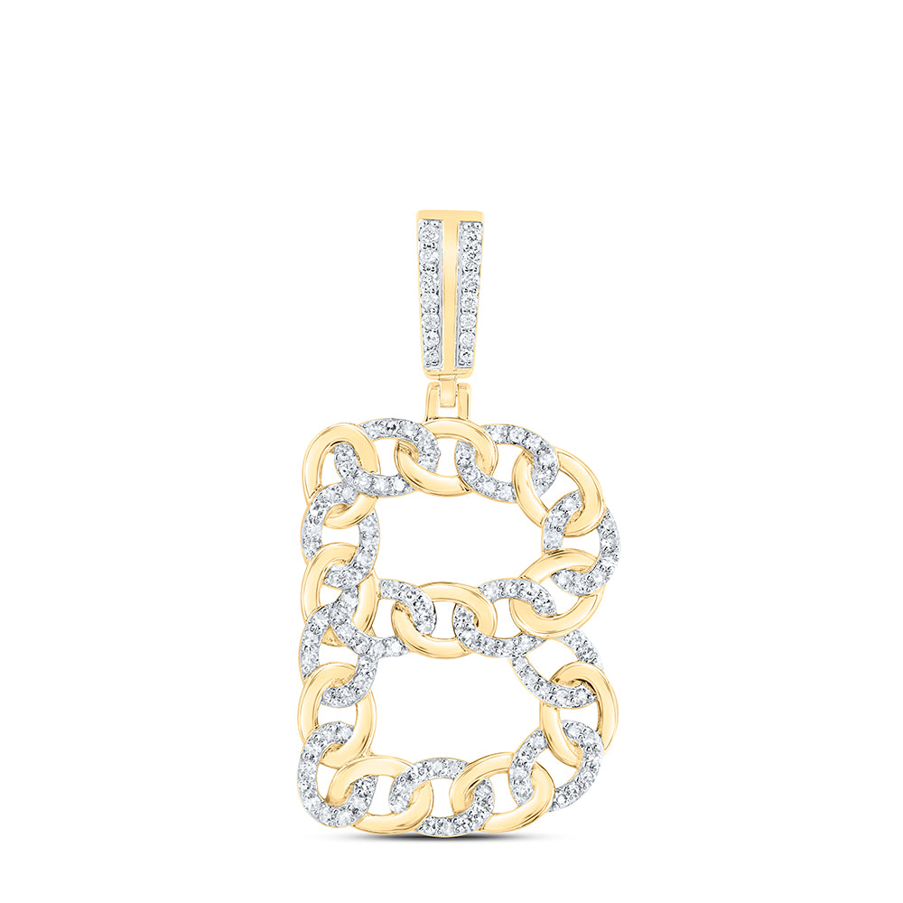 0.64 Ctw Natural Diamond Curb Link Initial Letter Alphabet B Pendant in 10k Yellow Gold