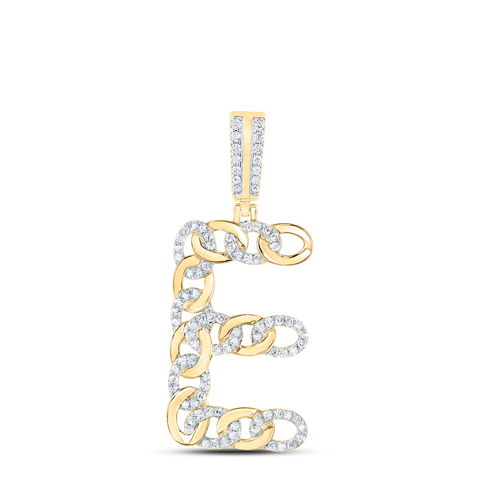 0.55 Ctw Natural Diamond Curb Link Initial Letter Alphabet E Pendant in 10k Yellow Gold