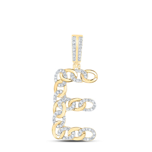 0.55 Ctw Natural Diamond Curb Link Initial Letter Alphabet E Pendant in 10k Yellow Gold
