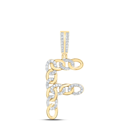 0.49 Ctw Natural Diamond Curb Link Initial Letter Alphabet F Pendant in 10k Yellow Gold